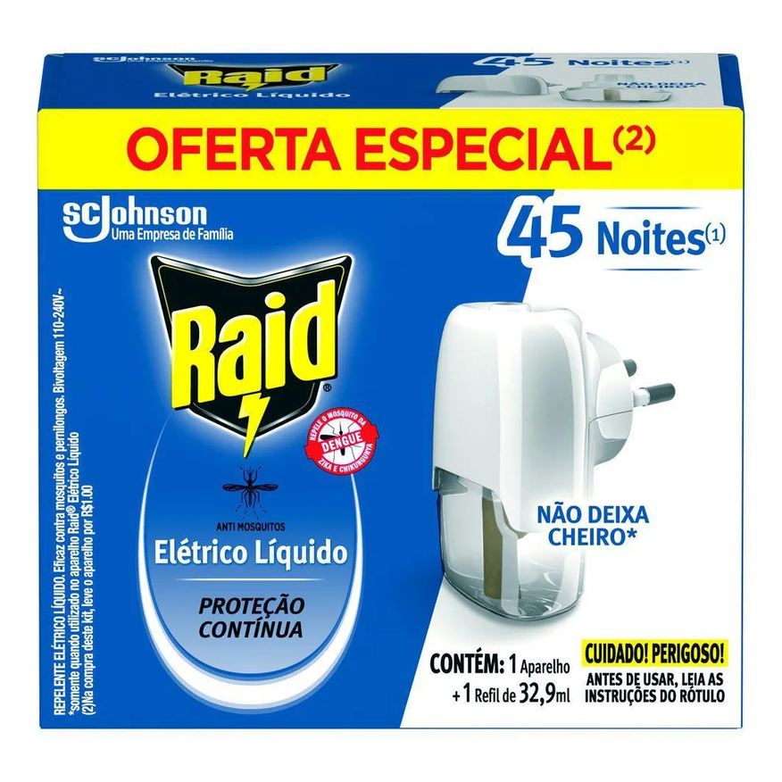 Elétrico Repelente Líquido Raid Anti Mosquitos 1 Aparelho + 1 Refil de 32,9ml