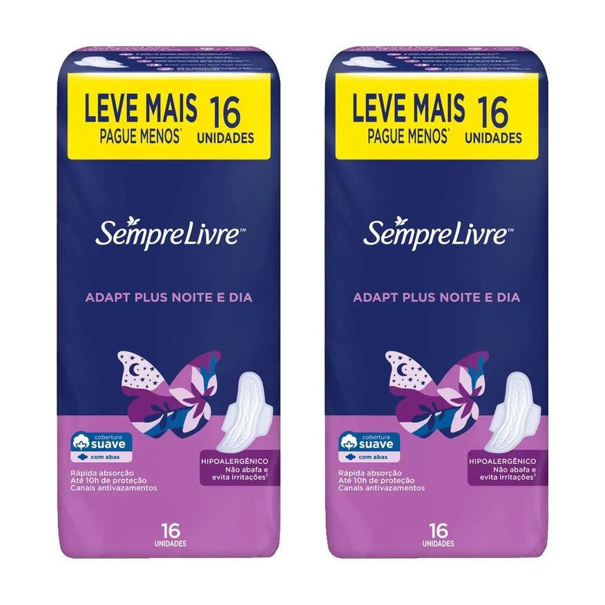 Sempre Livre Kit 2 Absorventes Externo Adapt Plus Noite e Dia com Abas 16 unidades