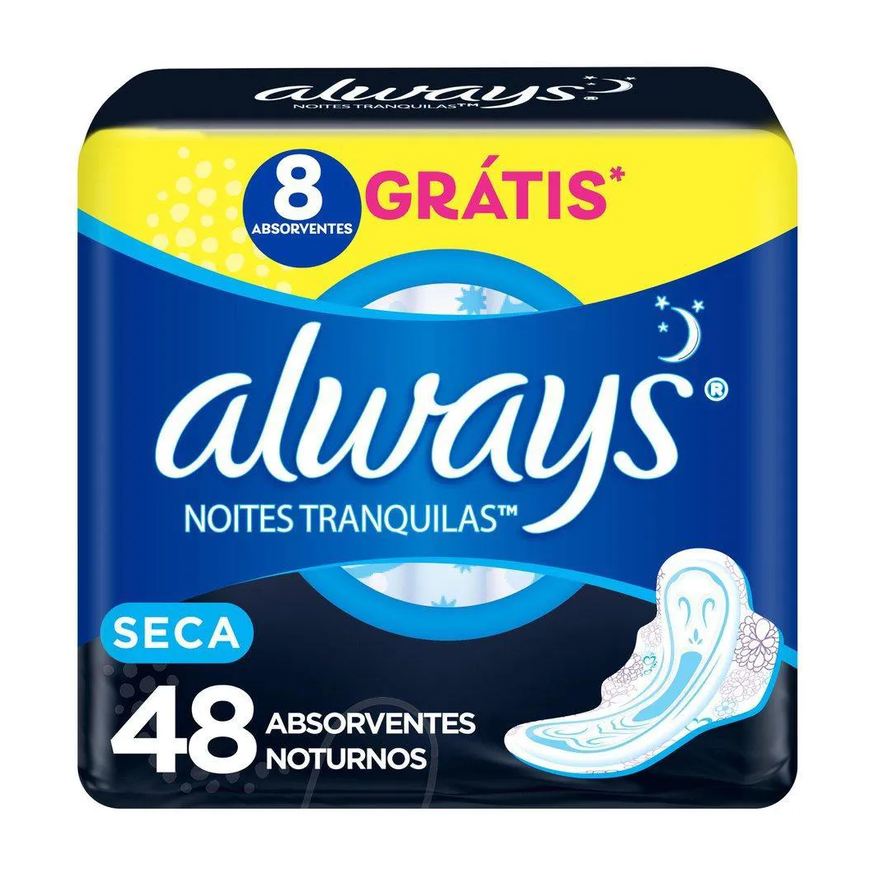 Noturno Absorvente Always Noites Tranquilas Cobertura Seca com Abas Leve 48 Pague 40