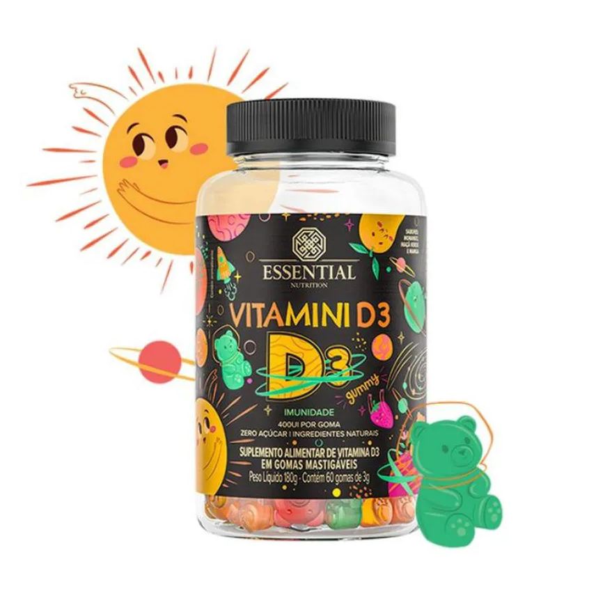 Essential Nutrition Vitamina D Vitamini D Morango, Manga e Maçã Verde 60 Gomas