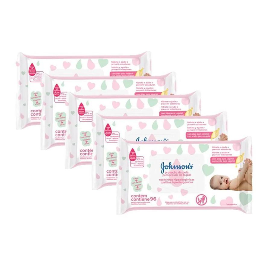 Johnson's Baby Kit Lenço Umedecido Proteção da Pele Hipoalergênico Sem Álcool 96 unidades 5 pacotes