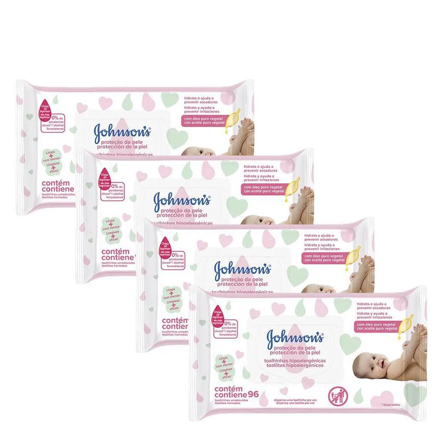 Johnson's Baby Kit Lenço Umedecido Proteção da Pele Hipoalergênico Sem Álcool 96 unidades 4 pacotes