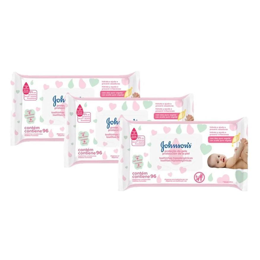 Johnson's Baby Kit Lenço Umedecido Proteção da Pele Hipoalergênico Sem Álcool 96 unidades 3 pacotes