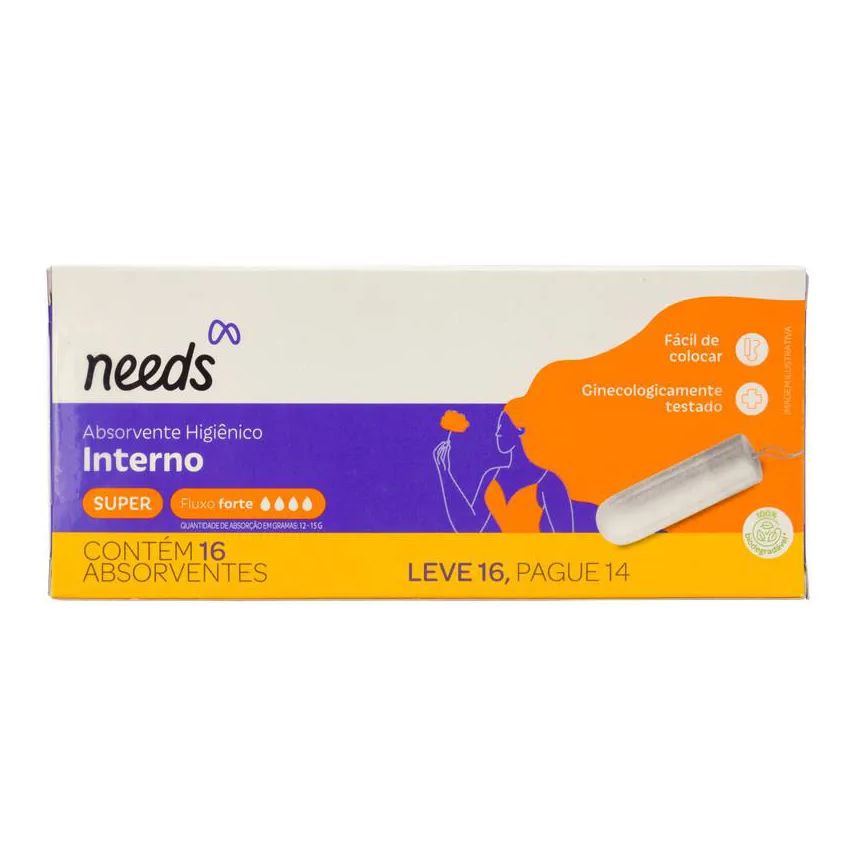 Needs Absorvente Interno Super Fluxo Forte 16 Unidades
