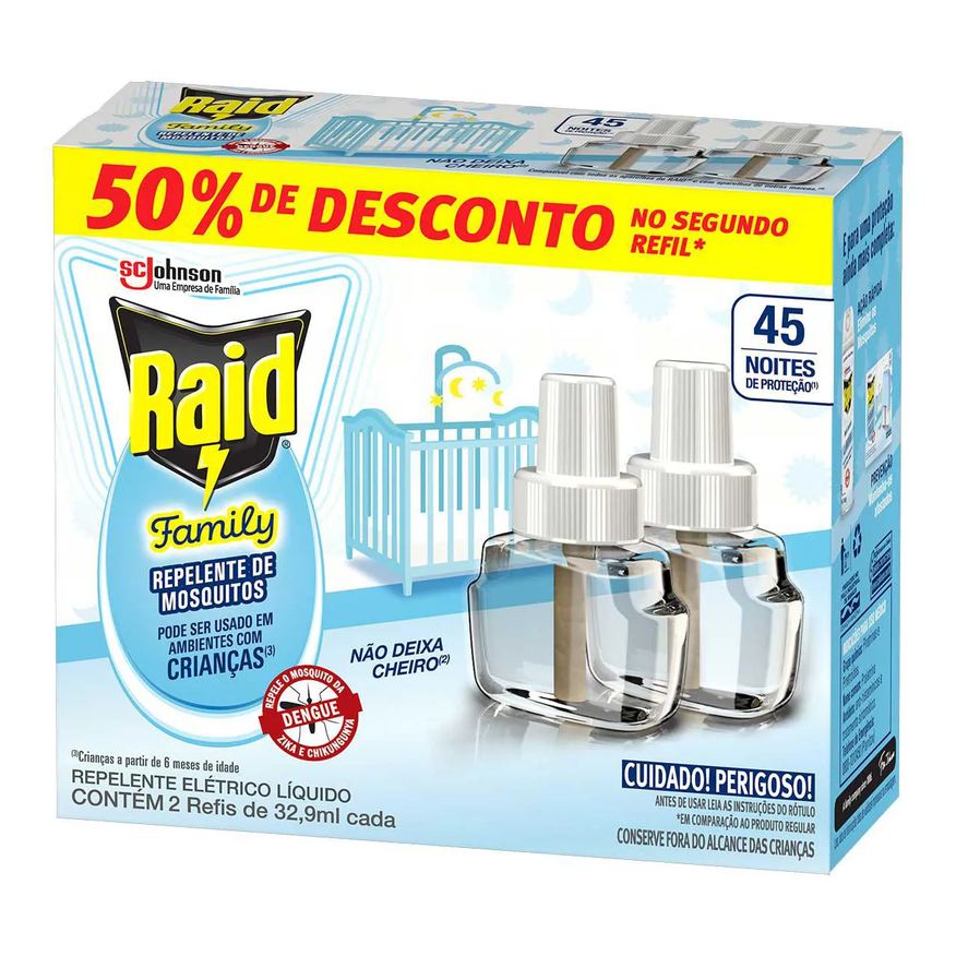 Líquido Repelente Elétrico Raid Family 45 Noites 2 Unidades de 32,9ml cada