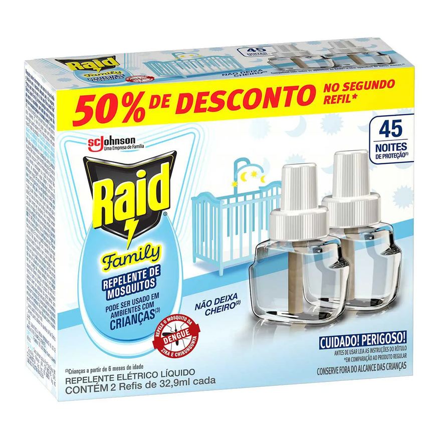 Líquido Repelente Elétrico Raid Family 45 Noites 2 Unidades de 32,9ml cada