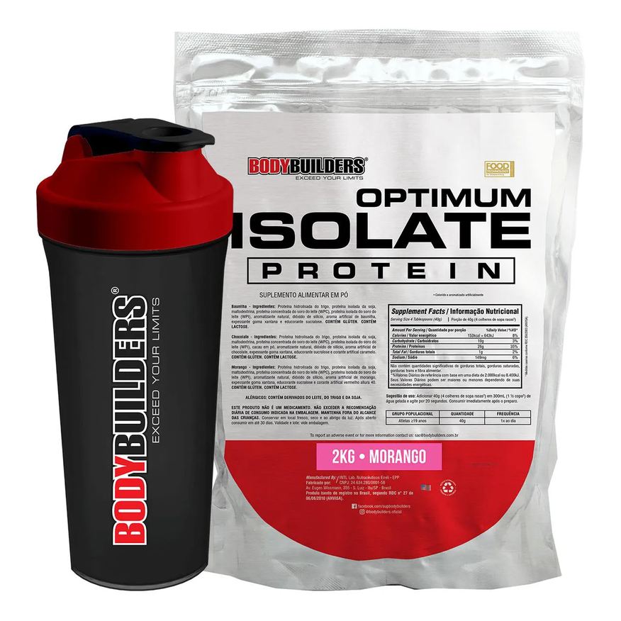 Bodybuilders Kit Optimum Isolate Whey Protein 2kg + Coqueteleira - Recuperação Muscular - Morango
