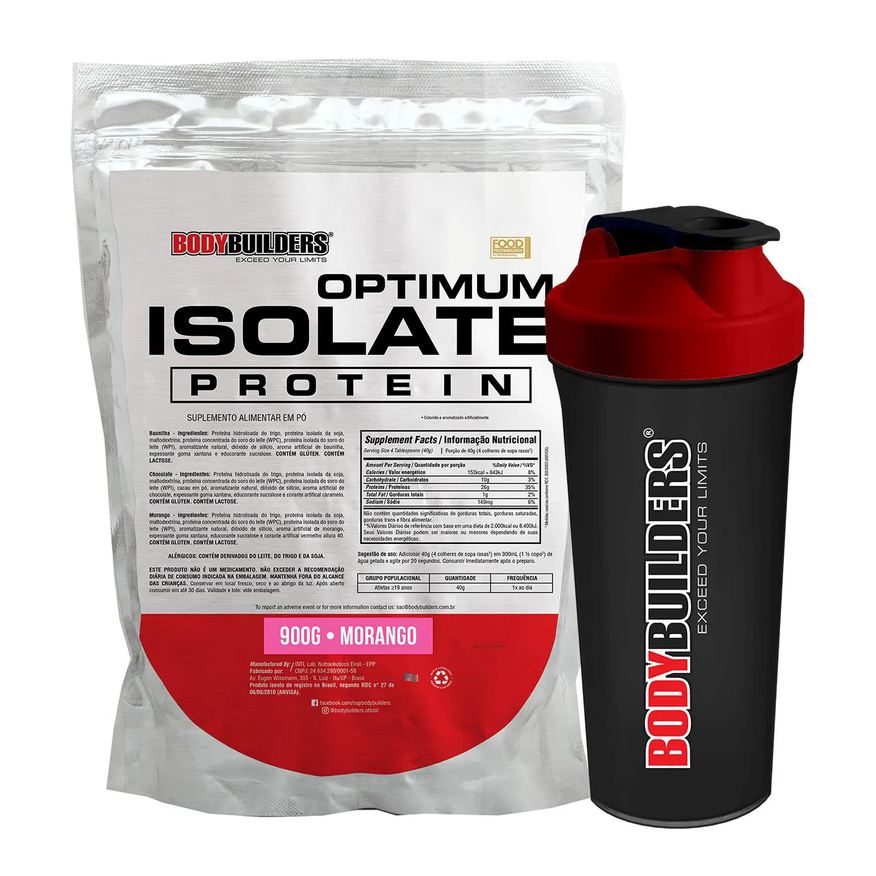 BodyBuilders Kit Whey Protein Optimum Isolate Morango 900g + Coqueteleira Shaker 600ml