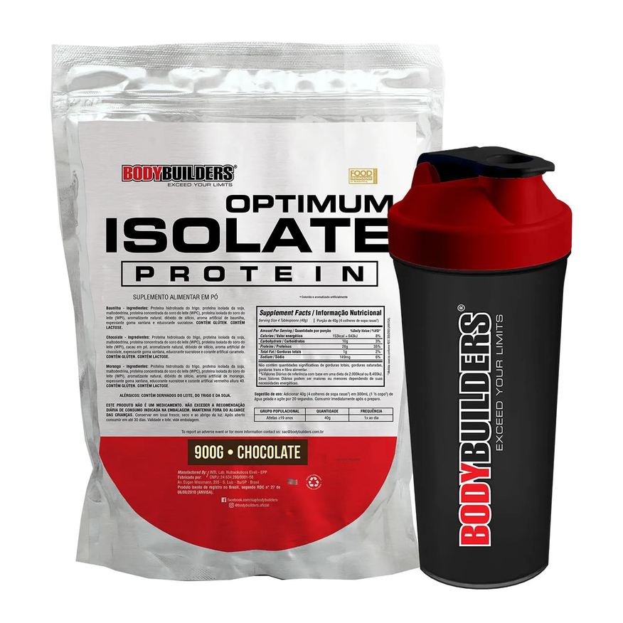 Bodybuilders Kit Suplemento em Pó Optimum Isolate Whey Protein 900g + Coqueteleira Shaker 600ml - Força e Resistência - Chocolate