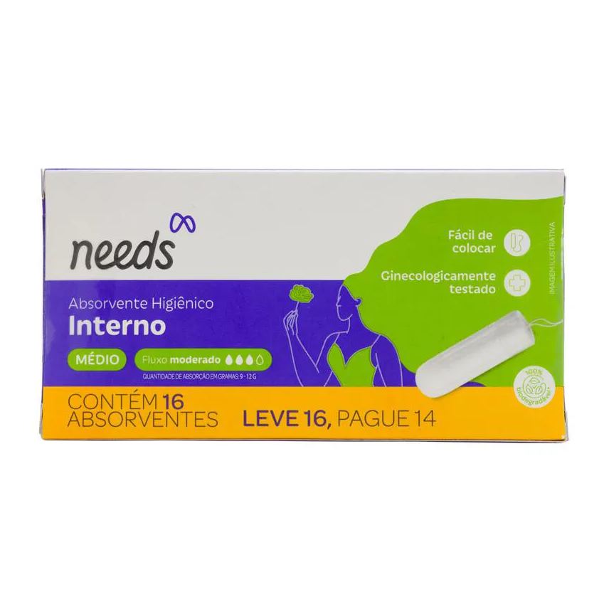 Needs Absorvente Interno Médio Fluxo Moderado 16 Unidades