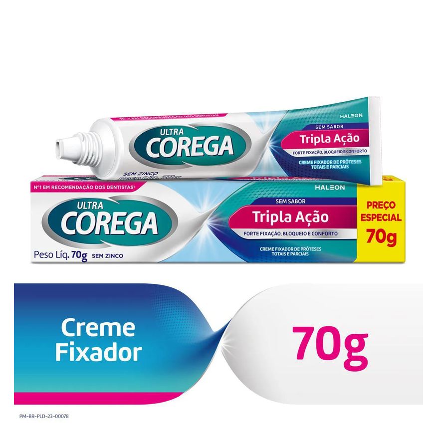 Corega Kit Creme Fixador Ultra Tripla Ação Sem sabor 70g + Tabs Limpeza 3 Minutos 6 Pastilhas