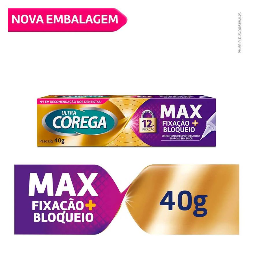 Fixador Creme de Dentadura Ultra Corega Max Fixação + Bloqueio Sem Sabor 40g