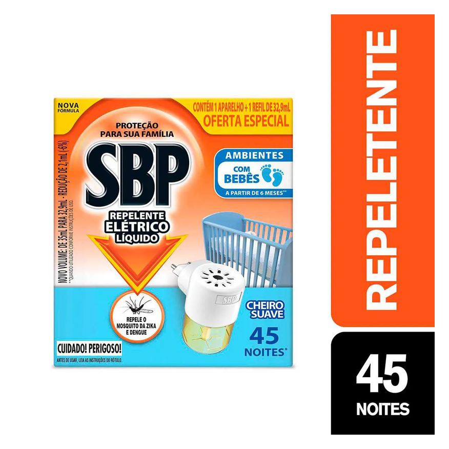 de Repelente Tomada SBP 45 Noites Cheiro Suave + Refil 35ml