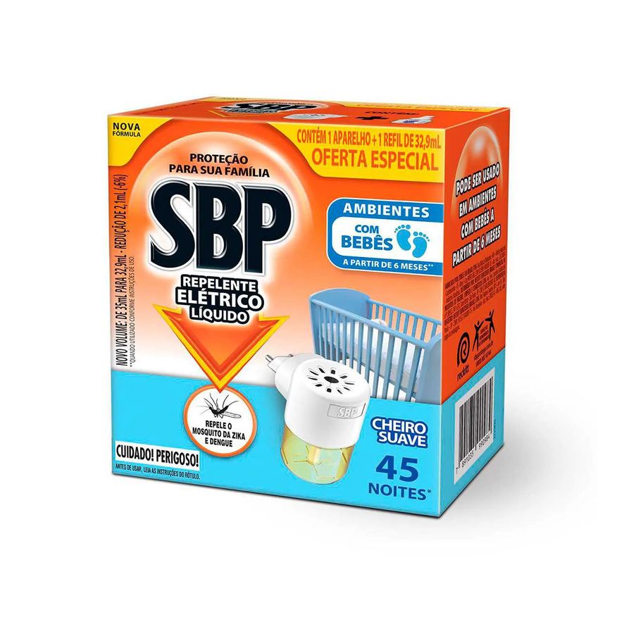 de Repelente Tomada SBP 45 Noites Cheiro Suave + Refil 35ml