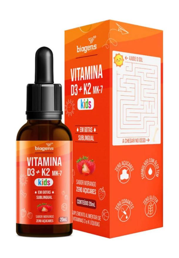 Biogens Vitamina D3 + K2, Mk7, Kids, Gotas Frutas Vermelhas, Morango