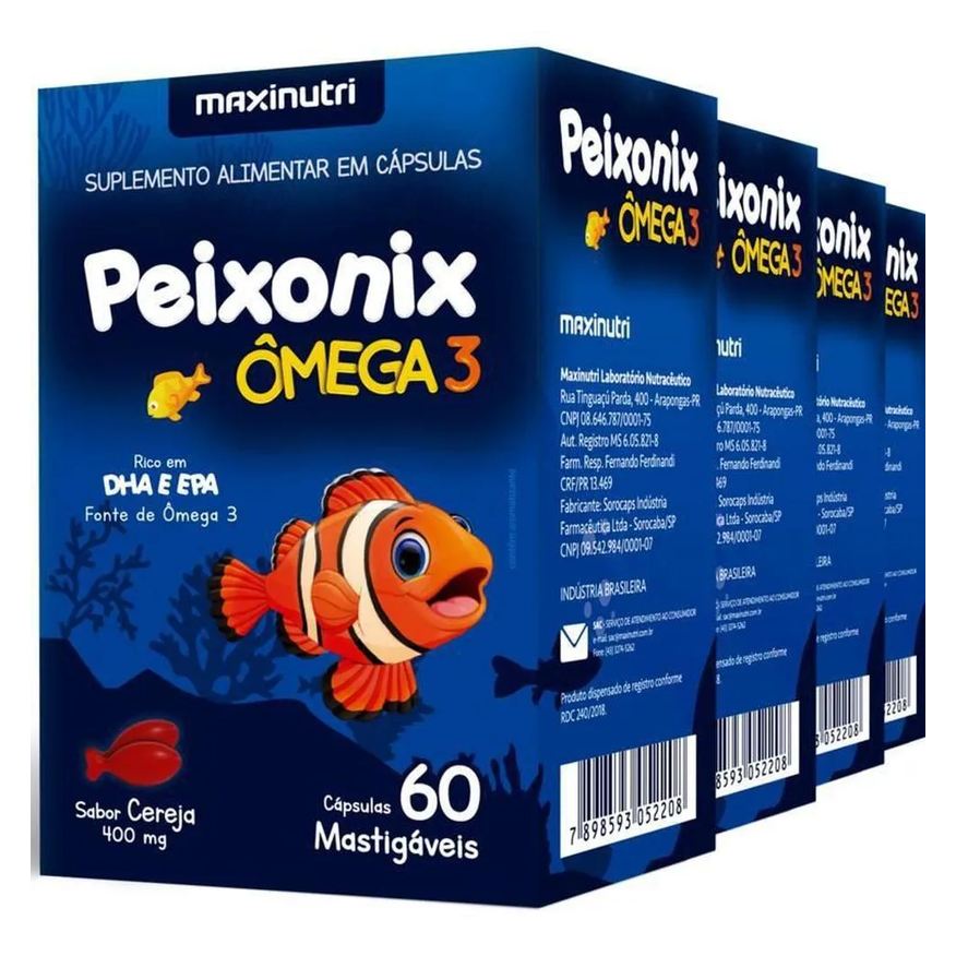 Maxinutri Kit 4x Ômega 3 Infantil Mastigável Sabor Cereja Peixonix 60 cápsulas