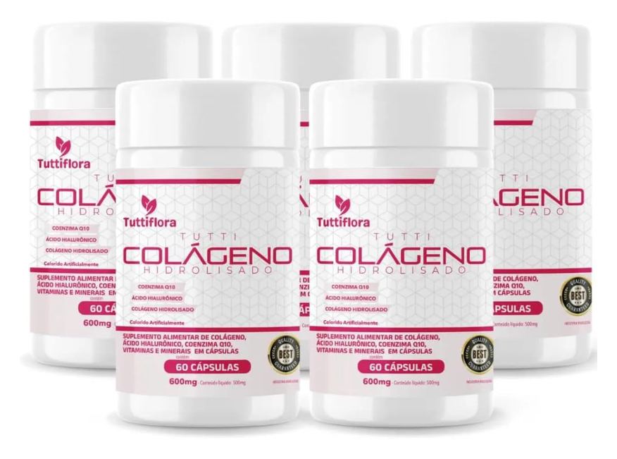 Tuttiflora Kit com 05 - Colágeno Hidrolisado + Ácido Hialurônico + Q10 + Biotina + Vit 60 cápsulas 600mg
