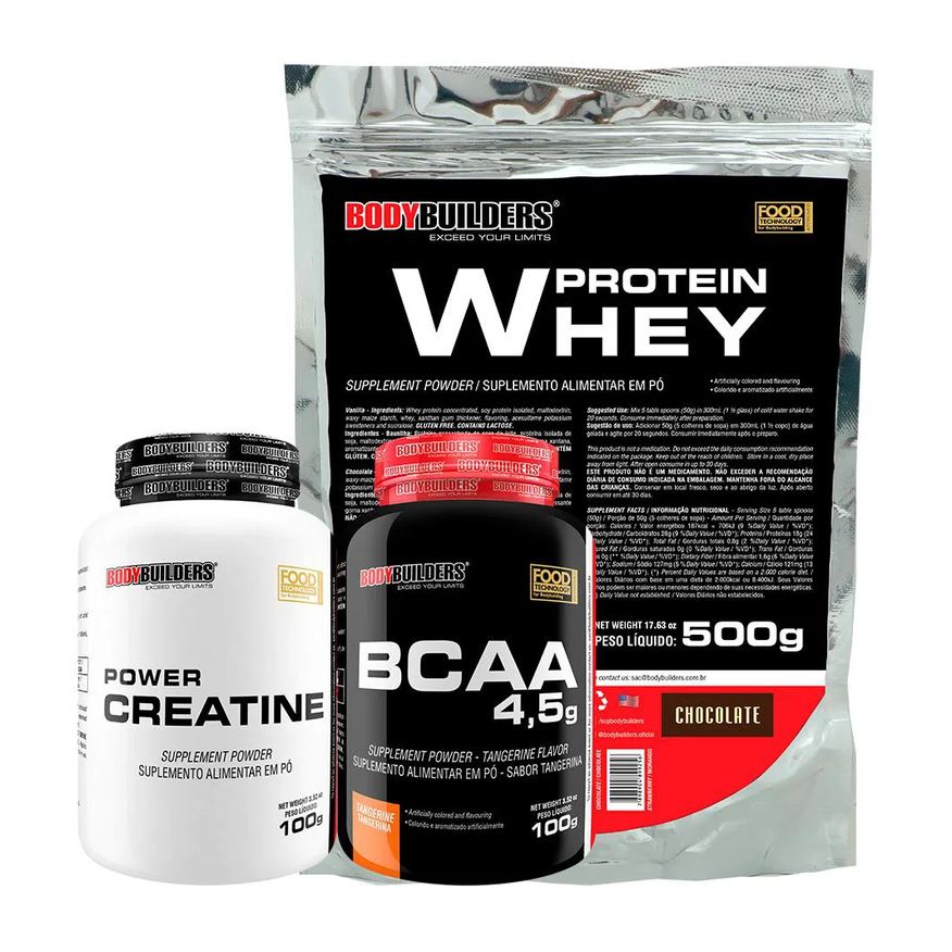 BodyBuilders Kit Whey Protein 500g Chocolate + BCAA Tangerina 100g + Creatina Power 100g