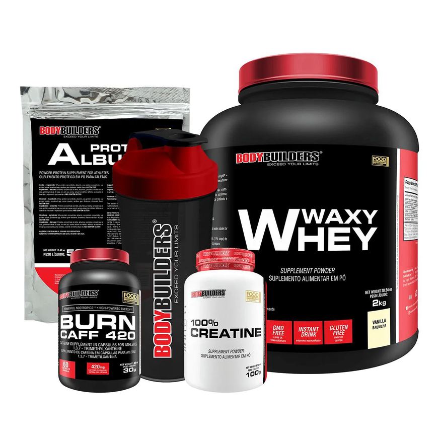 Bodybuilders Kit Waxy Whey 2kg + Creatina 100% 100g + Burn Caff 60 cápsulas + Albumina 500g + Coqueteleira - Baunilha