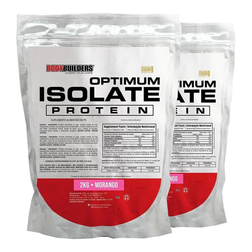 Bodybuilders Kit 2x Whey Protein Optimum Isolate Refil 2kg - Kit para Ganho de Massa Muscular e Resistência - Morango