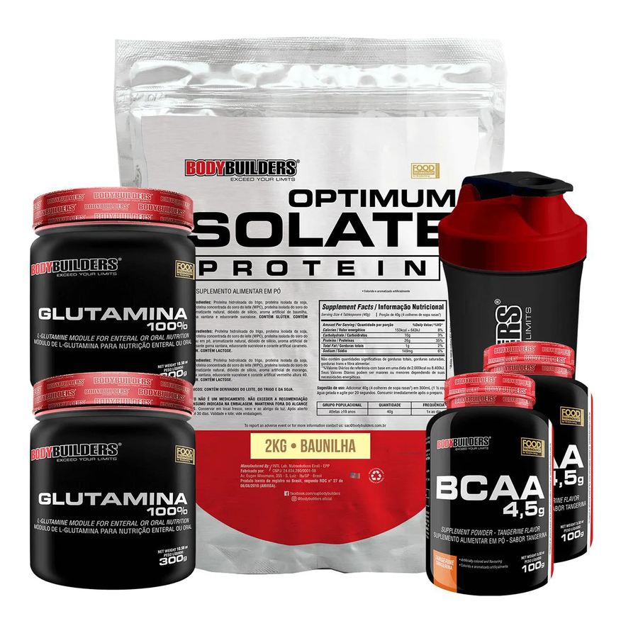 Bodybuilders Kit Optimum Isolate Whey Protein 2kg + 2x Bcaa 100g + 2x Glutamina 300g + Coqueteleira - Morango