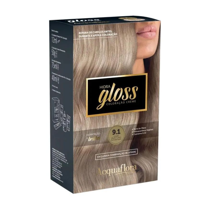 Acquaflora Coloração Creme Kit Hidra Gloss 9.1 Louro Muito Claro Acinzentado