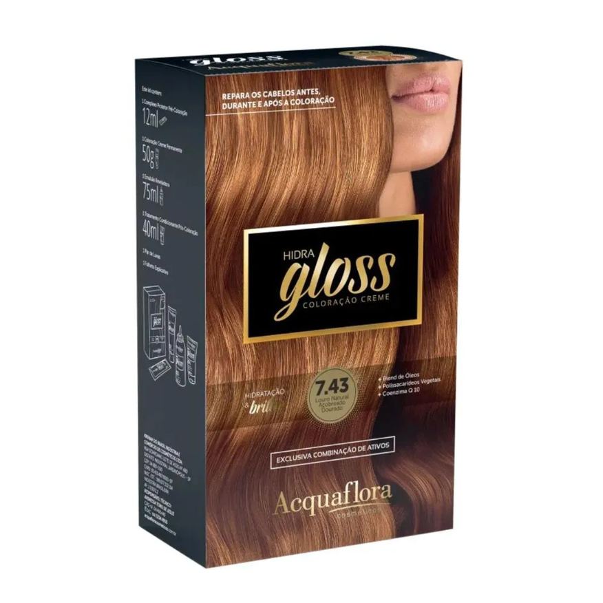Acquaflora Coloração Creme Kit Hidra Gloss 7.43 Louro Natural Acobreado Dourado