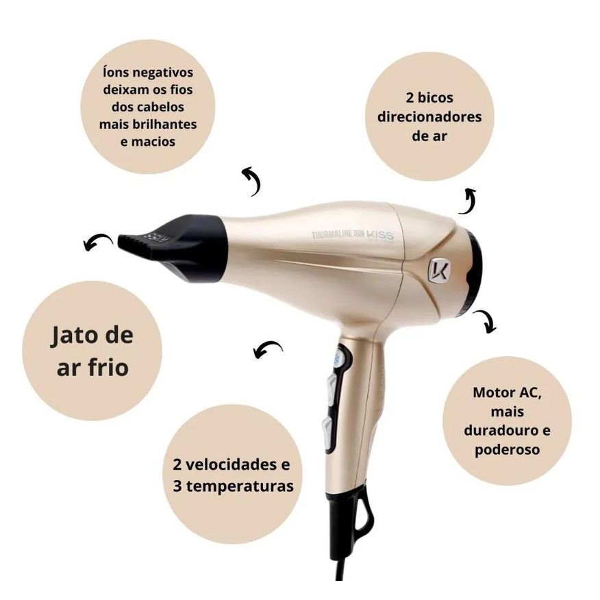 Kiss Secador New York Tourmaline Ion Dourado 2000w 220v Bdp06pbr
