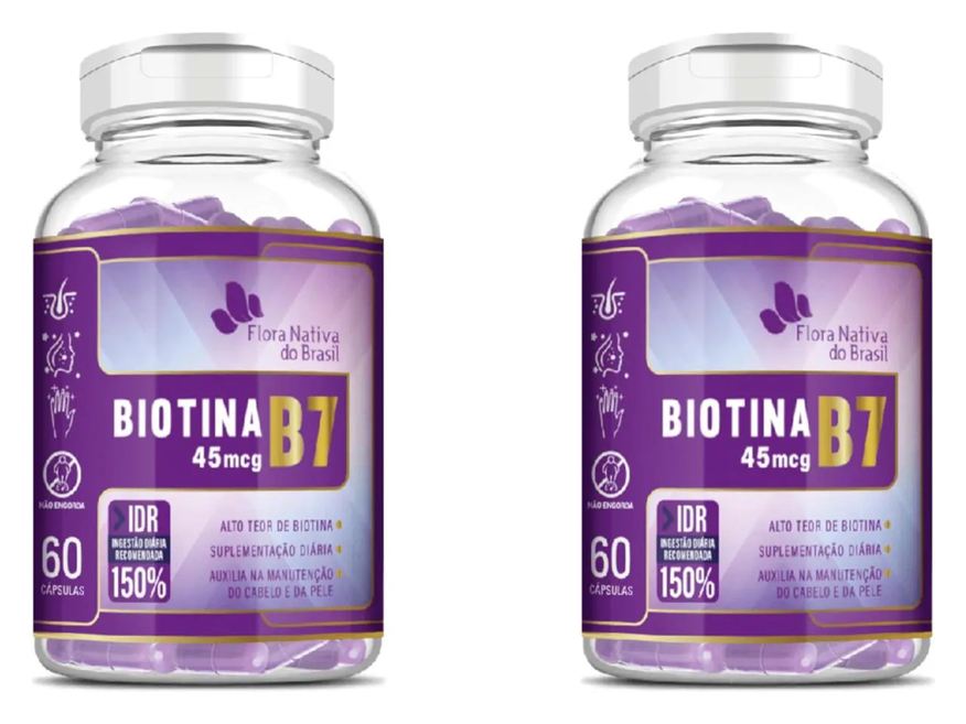 Flora Nativa Do Brasil 2x Biotina (b7) Cabelos e Pele 150% Idr 60 cápsulas Flora Nativa