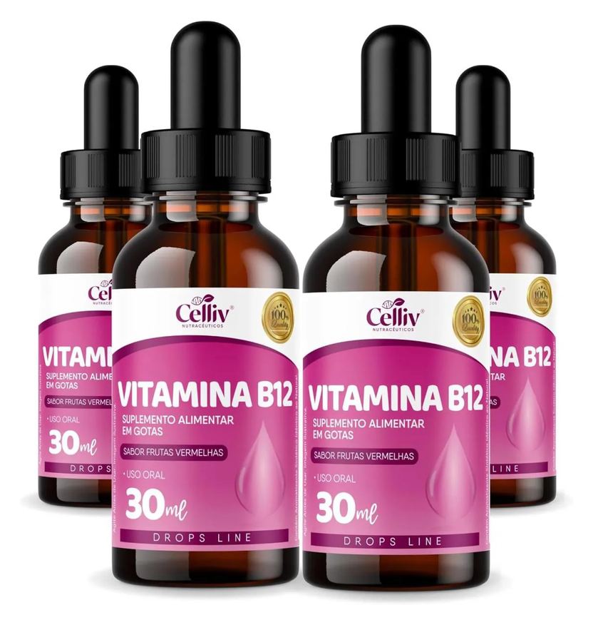 Celliv 4x Vitamina B12 em Gotas Sabor Frutas Vermelhas 30ml