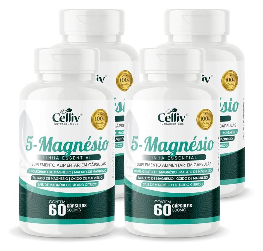 CELLIV 4X 5-MAGNéSIO (BISGLICINATO, MALATO, TAURATO, ÓXIDO E SAIS DE MAGNéSIO) 60 Cápsulas 500mg