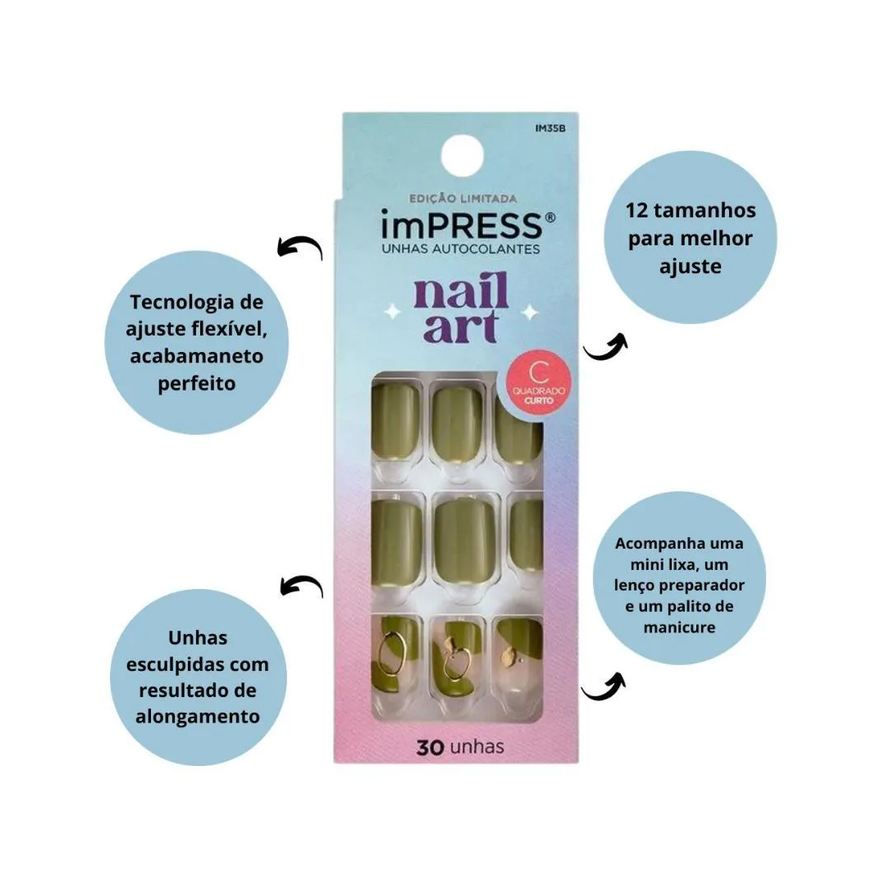 Autocolantes Unhas Kiss Impress Nail Art Before Sunrise Quadrado Curto C/30un Im35b