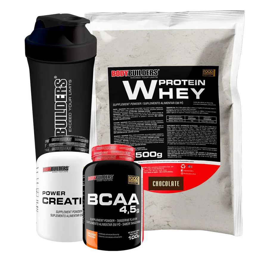Bodybuilders Kit Whey Protein 500g + Bcaa 4,5 100g + Power Creatine 100g + Coqueteleira – Chocolate