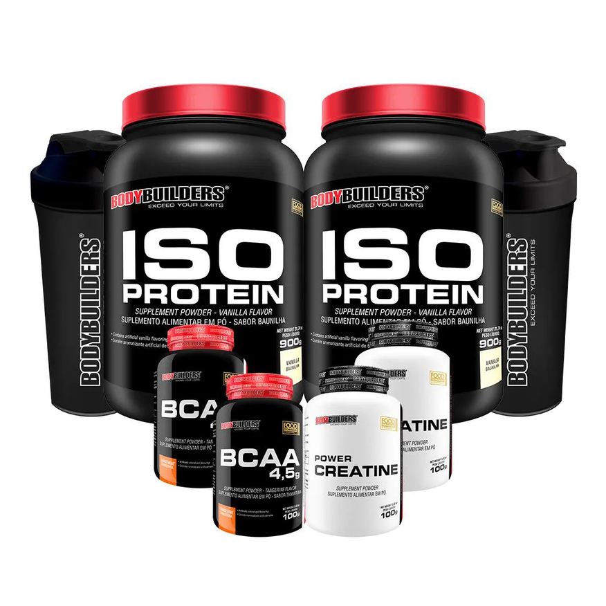 Bodybuilders Kit 2x Iso Protein 900g + 2x Bcaa 4.5 100g + 2x Power Creatina 100g + 2x Coqueteleira - Baunilha