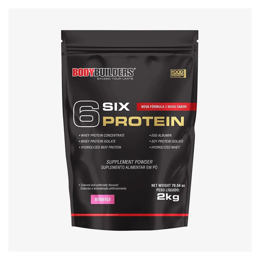Bodybuilders Whey Protein Concentrado 6 Six Protein 2kg - Ganho de Massa Muscular Magra e Força Muscular – Morango