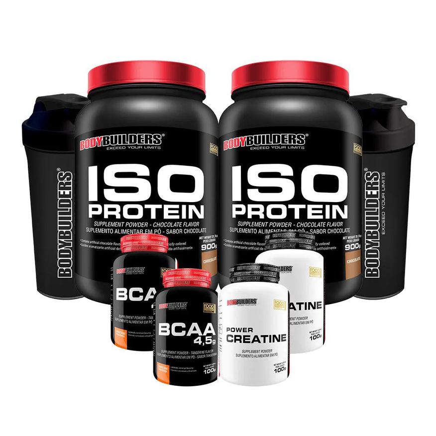 Bodybuilders Kit 2x Iso Protein 900g + 2x Bcaa 4.5 100g + 2x Power Creatina 100g + 2x Coqueteleira - Chocolate