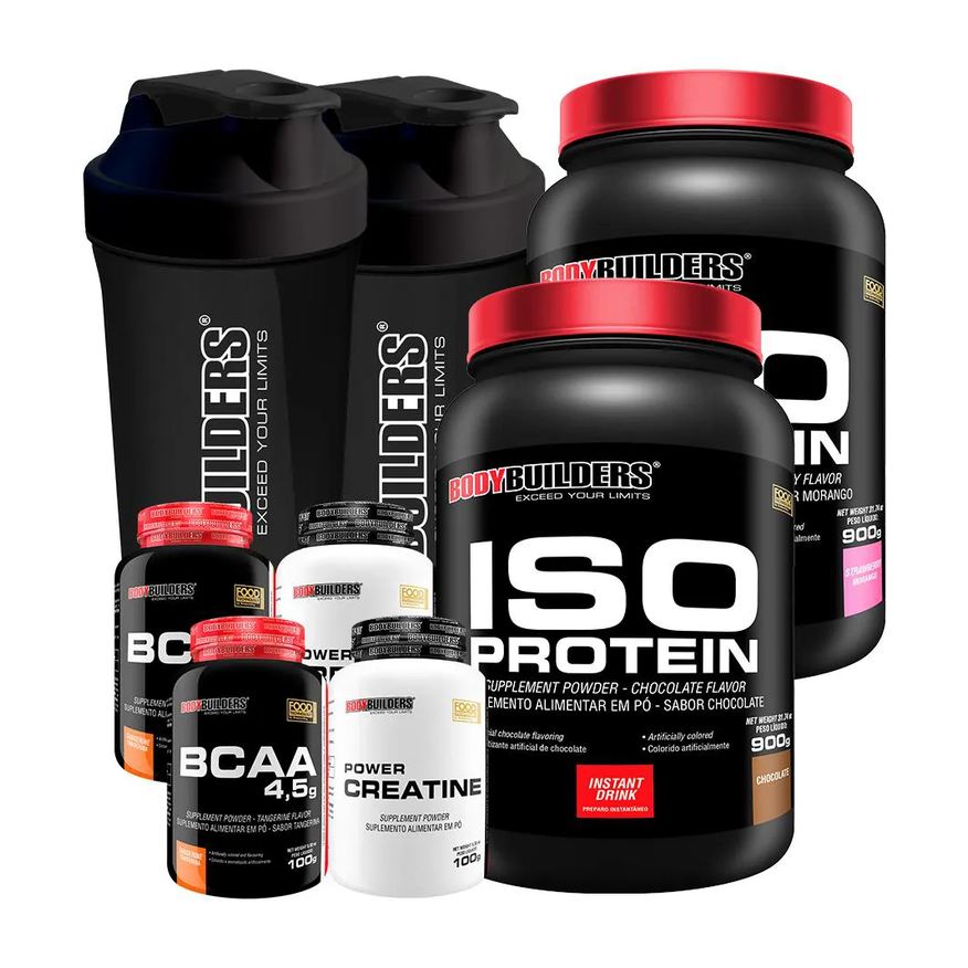 Bodybuilders Kit 2x Iso Protein 900g + 2x Bcaa 4.5 100g + 2x Power Creatina 100g + 2x Coqueteleira - Morango e Chocolate