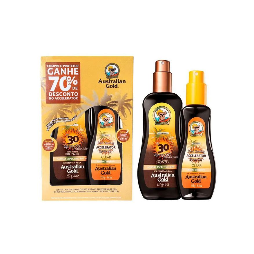 Australian Gold Kit Protetor Solar Corporal FPS 30 com 237ml + Bronzeador Dark Tanning Clear com 125ml
