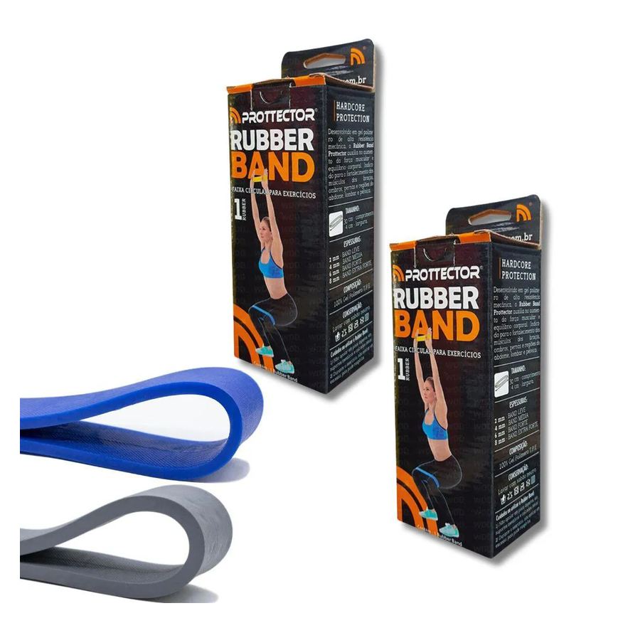 Prottector Kit Mini Faixa Elástica Rubber Band Forte + Extra Forte Azul e Cinza