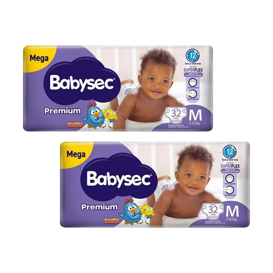 Babysec Kit 2 Fraldas Galinha Pintadinha Premium Tamanho M 32 Unidades Cada