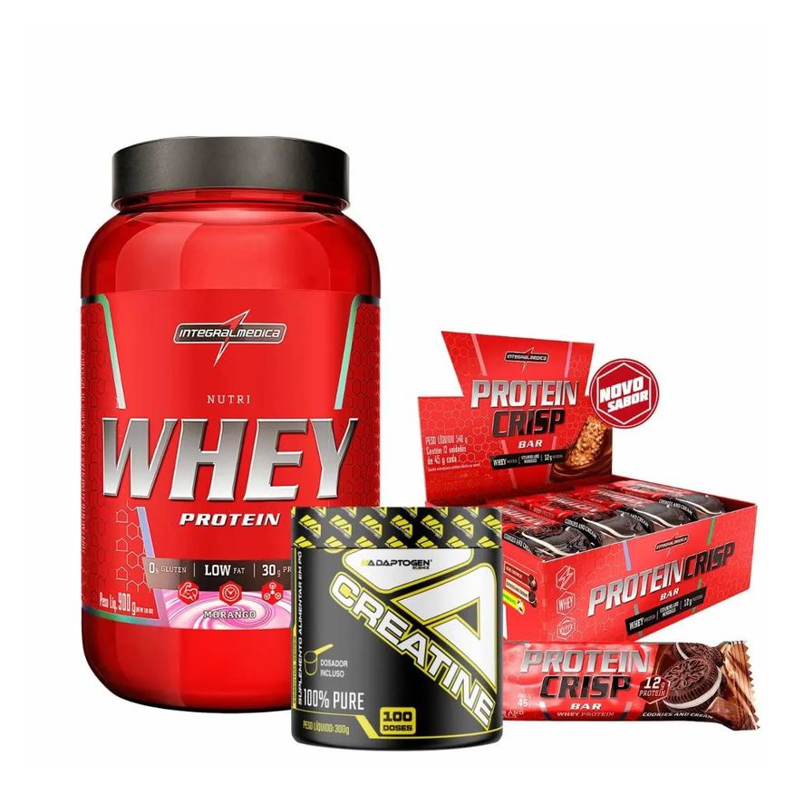 Integralmédica Nutri Whey Protein 900g Morango + Protein Crisp Bar 45g Cookies + Creatina