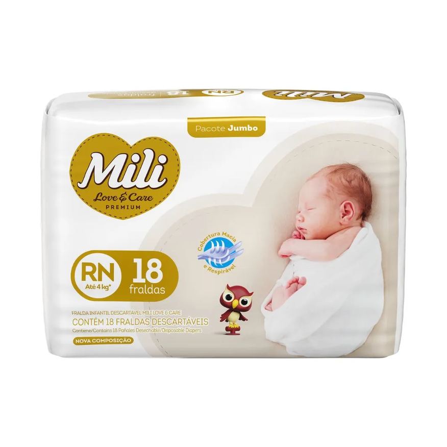 Mili Fralda Love E Care Premium Com 18 Tamanho Rn Jumbo