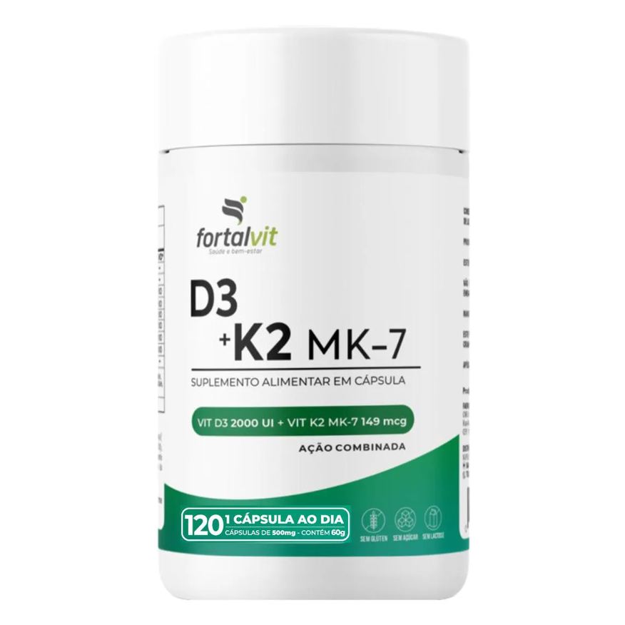2000UI D3 + Vitamina K2 (Menaquinona-7), 120 Cápsulas, 4 meses, Ação Combinada, Fortalvit