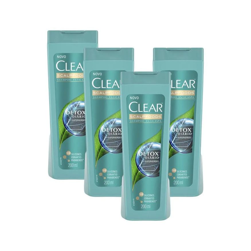 Clear Kit 4 Shampoos Anticaspa Detox Diário 200ml