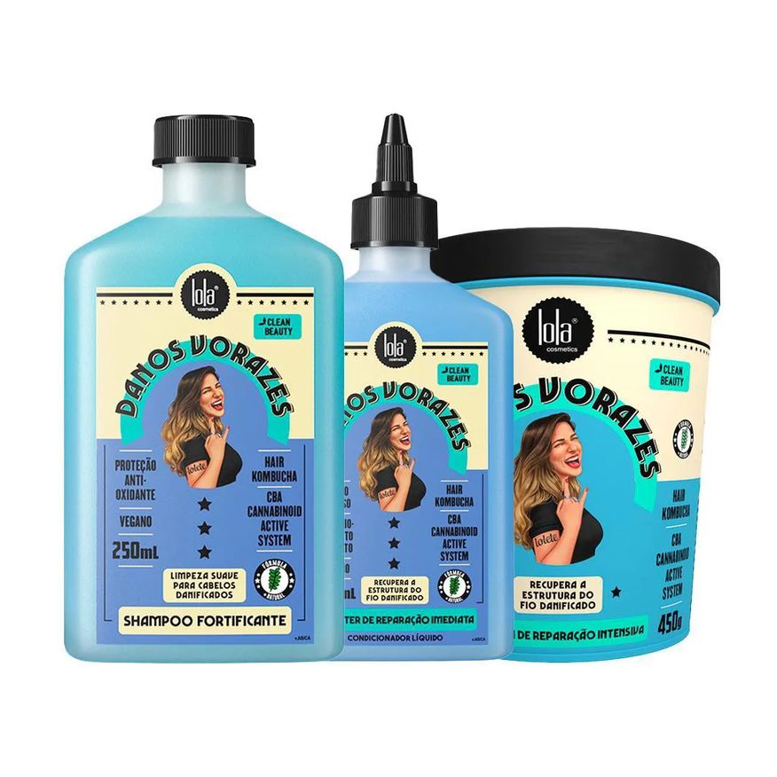Lola Kit Cosmetics Danos Vorazes Shampoo Fortificante 250ml+ Máscara de Cabelo Reparação Intensa 230g+ Booster de Reparação Imediata 250ml