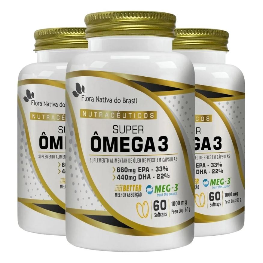 Flora Nativa Do Brasil Kit 3x Meg-3 Super Ômega 3 1000mg 60 Softgels - Flora Nativa