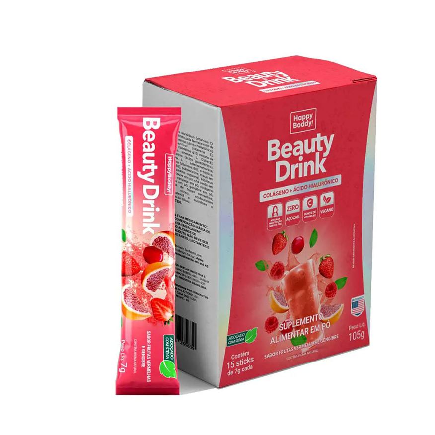 Alimentar Suplemento Beauty Drink Happy Boddy Sabor Frutas Vermelhas e Gengibre 15 Sachês