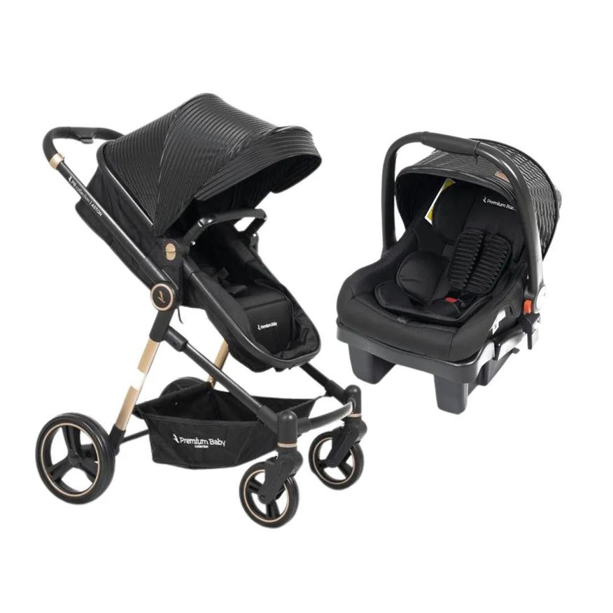 Premium Baby Kit Aston Travel System - Carrinho de Bebê + Bebê Conforto com Base Black/gold (2 Produtos)