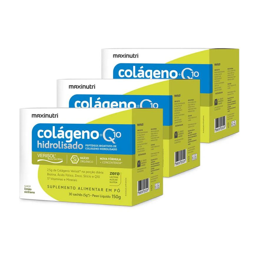 Maxinutri Kit 3 Colágeno Verisol Sachês Limão Siciliano 30x5g + Q10