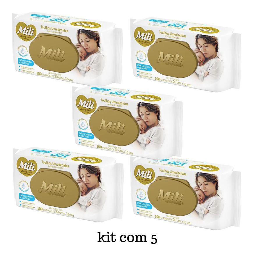 Mili Kit Lenço Umedecido Love e Care Premium 5 Pacotes de 100 unidades